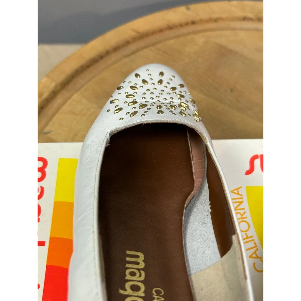 Magdesians Flats Women 7.5 SS White Burst Studded Leather Vintage Low Wedge 5879